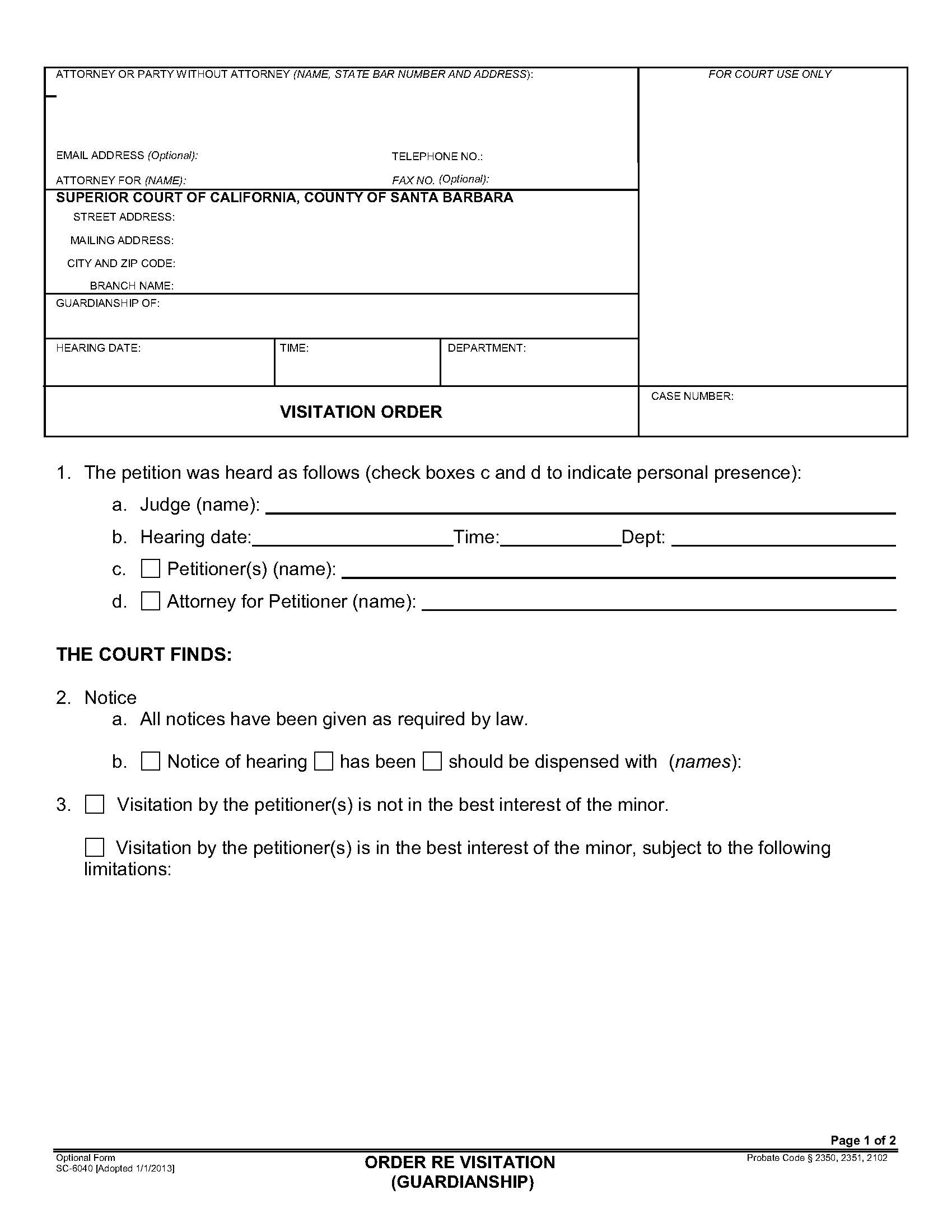 Order Re Visitation (Guardianship) {SC-6040} | Pdf Fpdf Doc Docx | California