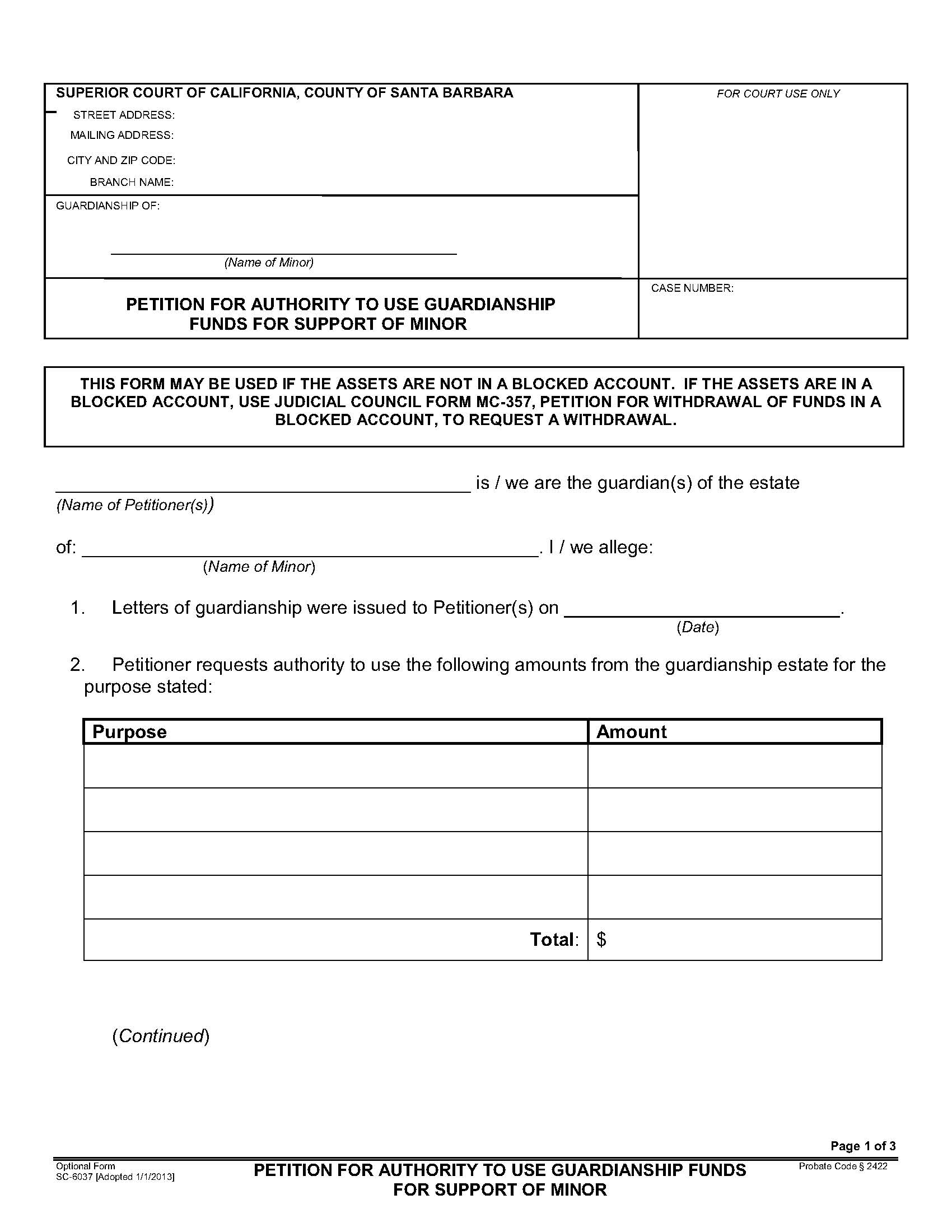 Petition For Authority To Use Guardianship Funds For Support Of Minor {SC-6037} | Pdf Fpdf Doc Docx | California