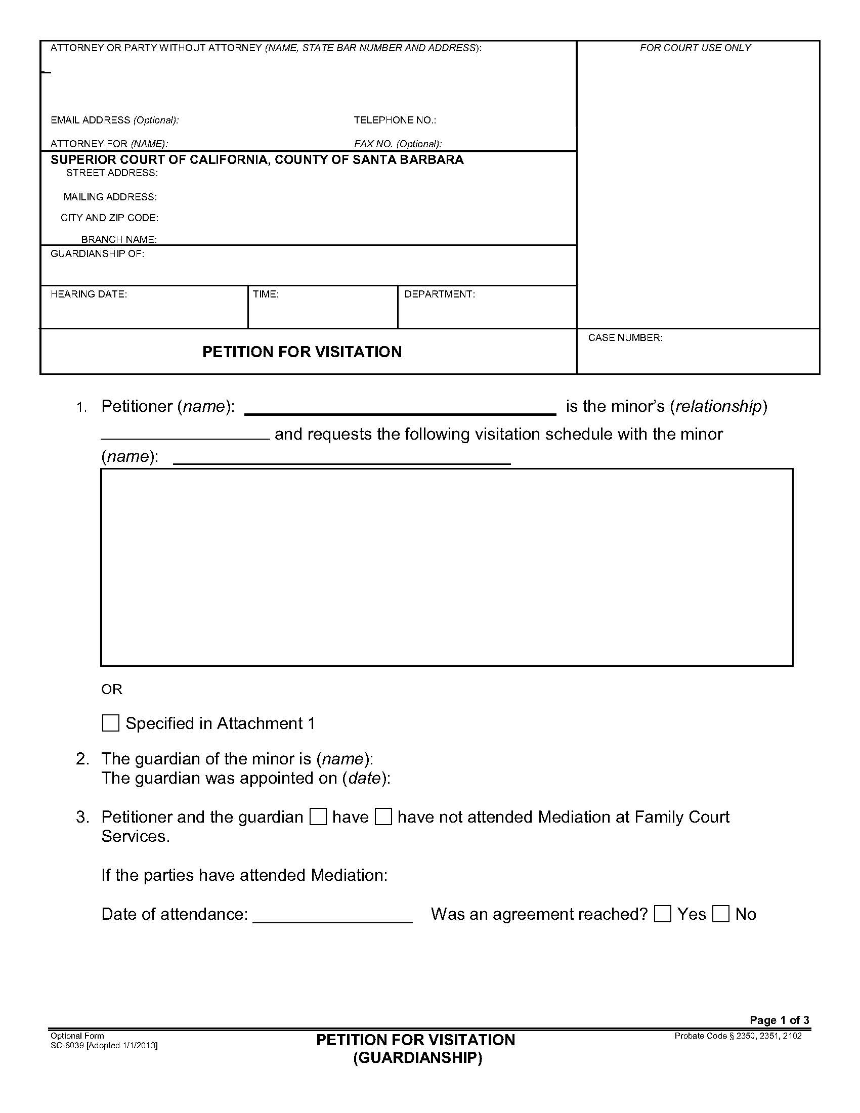 Petition For Visitation (Guardianship) {SC-6039} | Pdf Fpdf Doc Docx | California