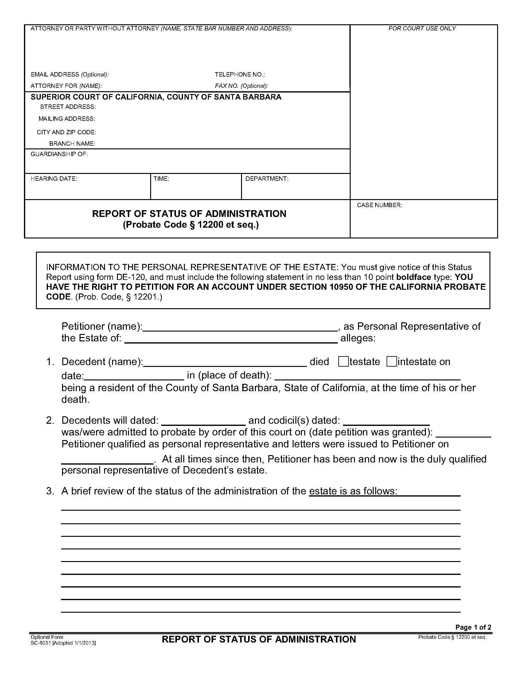 Report Of Status Of Administration {SC-6031} | Pdf Fpdf Doc Docx | California