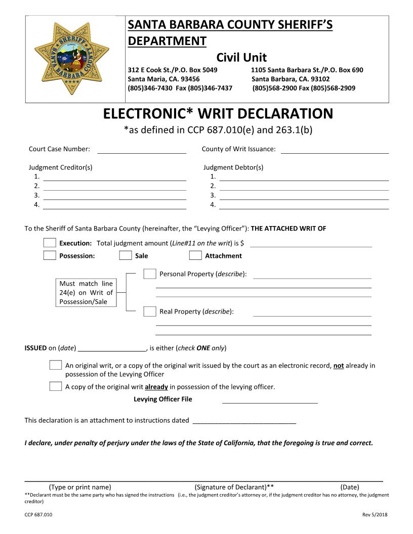Electronic Writ Declaration | Pdf Fpdf Doc Docx | California