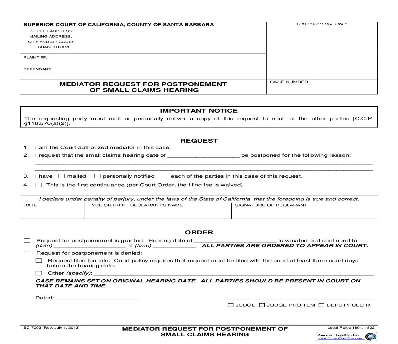 Mediator Request For Postponement Of Small Claims Hearing {SC-7003} | Pdf Fpdf Doc Docx | California