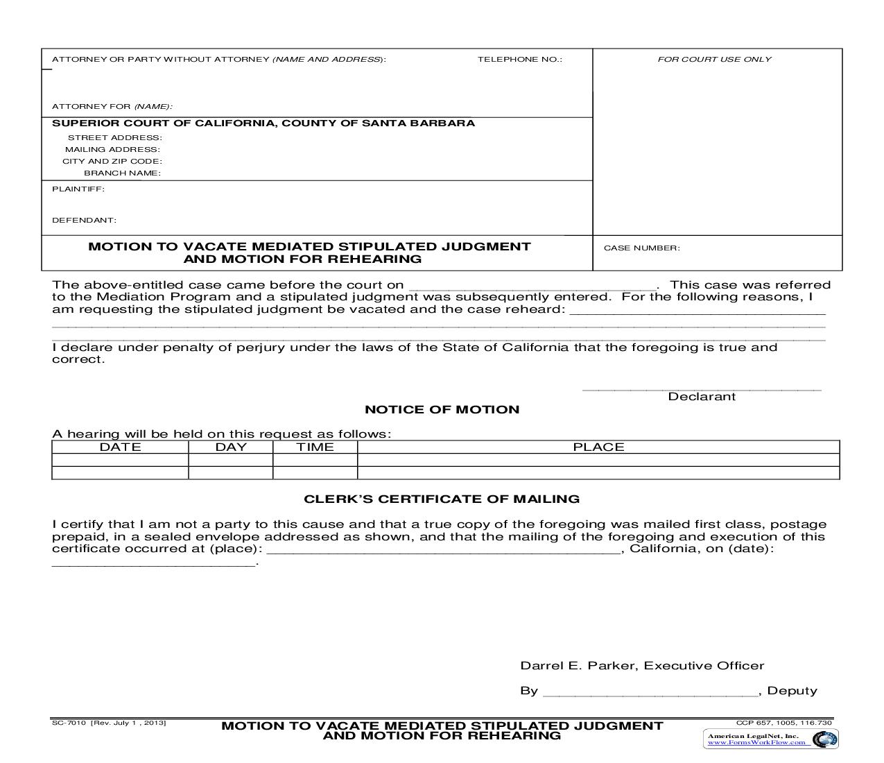 Motion To Vacate Mediated Stipulated Judgment And Motion For Rehearing {SC-7010} | Pdf Fpdf Doc Docx | California