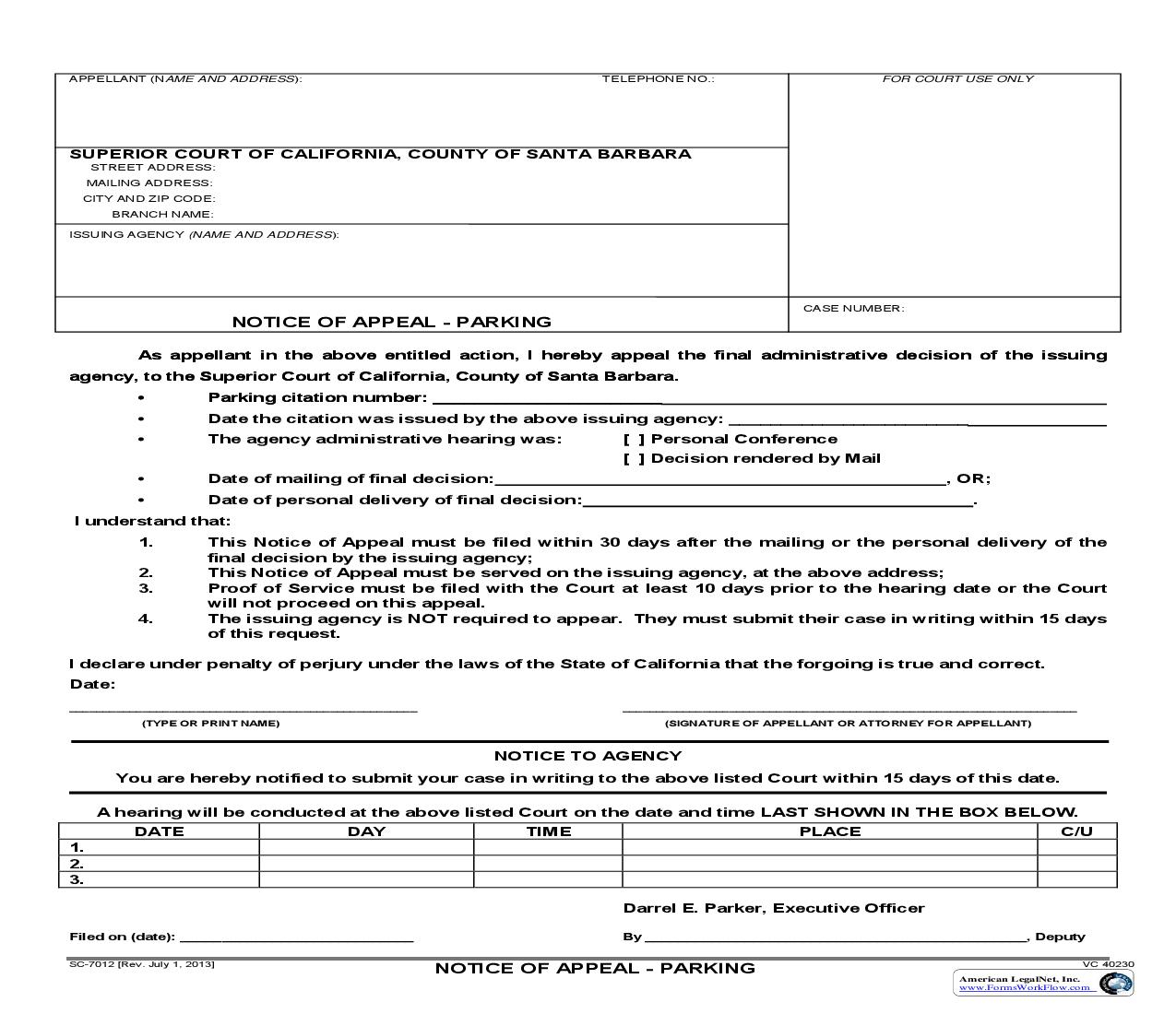 Notice Of Appeal Parking {SC-7012} | Pdf Fpdf Doc Docx | California