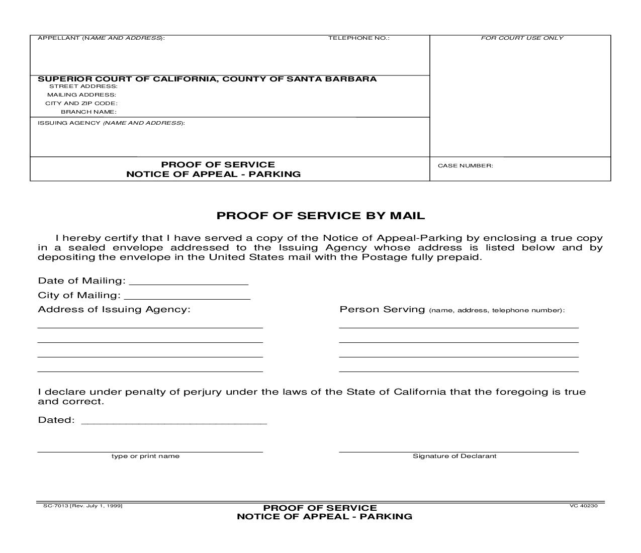 Proof Of Service Notice Of Appeal Parking {SC-7013} | Pdf Fpdf Doc Docx | California