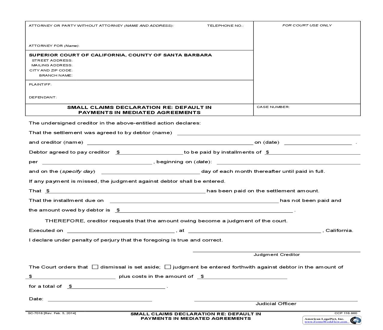 Small Claims Declaration Re Default In Payments In Mediated Agreements {SC-7018} | Pdf Fpdf Doc Docx | California