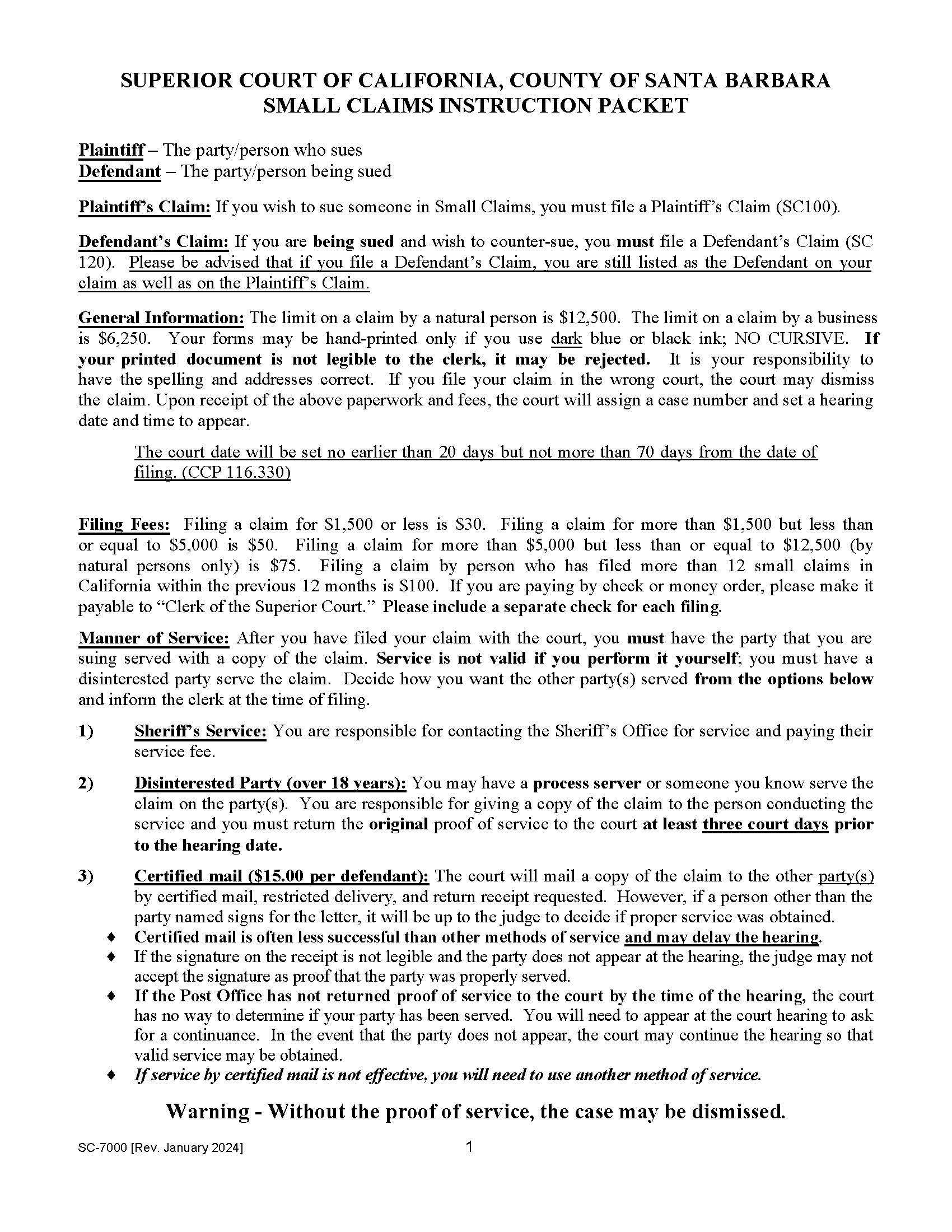 Small Claims Instruction Packet {SC-7000} | Pdf Fpdf Docx | California