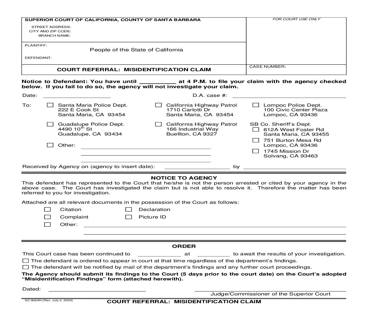Court Referral - Misidentification Claim (North County) {SC-8004N} | Pdf Fpdf Doc Docx | California