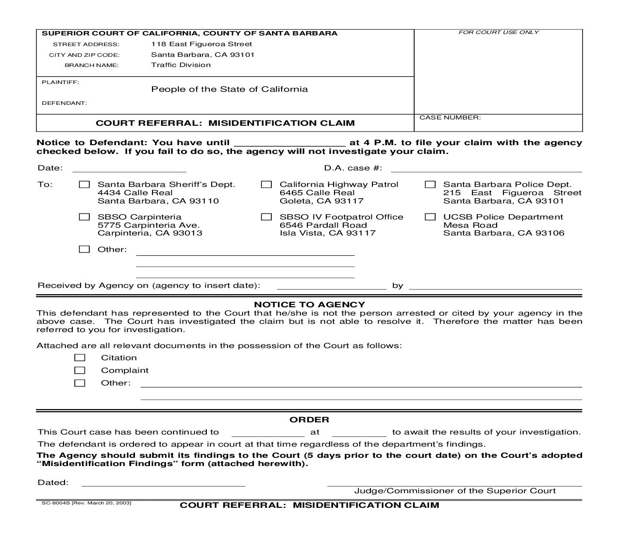 Court Referral - Misidentification Claim (South County) {SC-8004S} | Pdf Fpdf Doc Docx | California