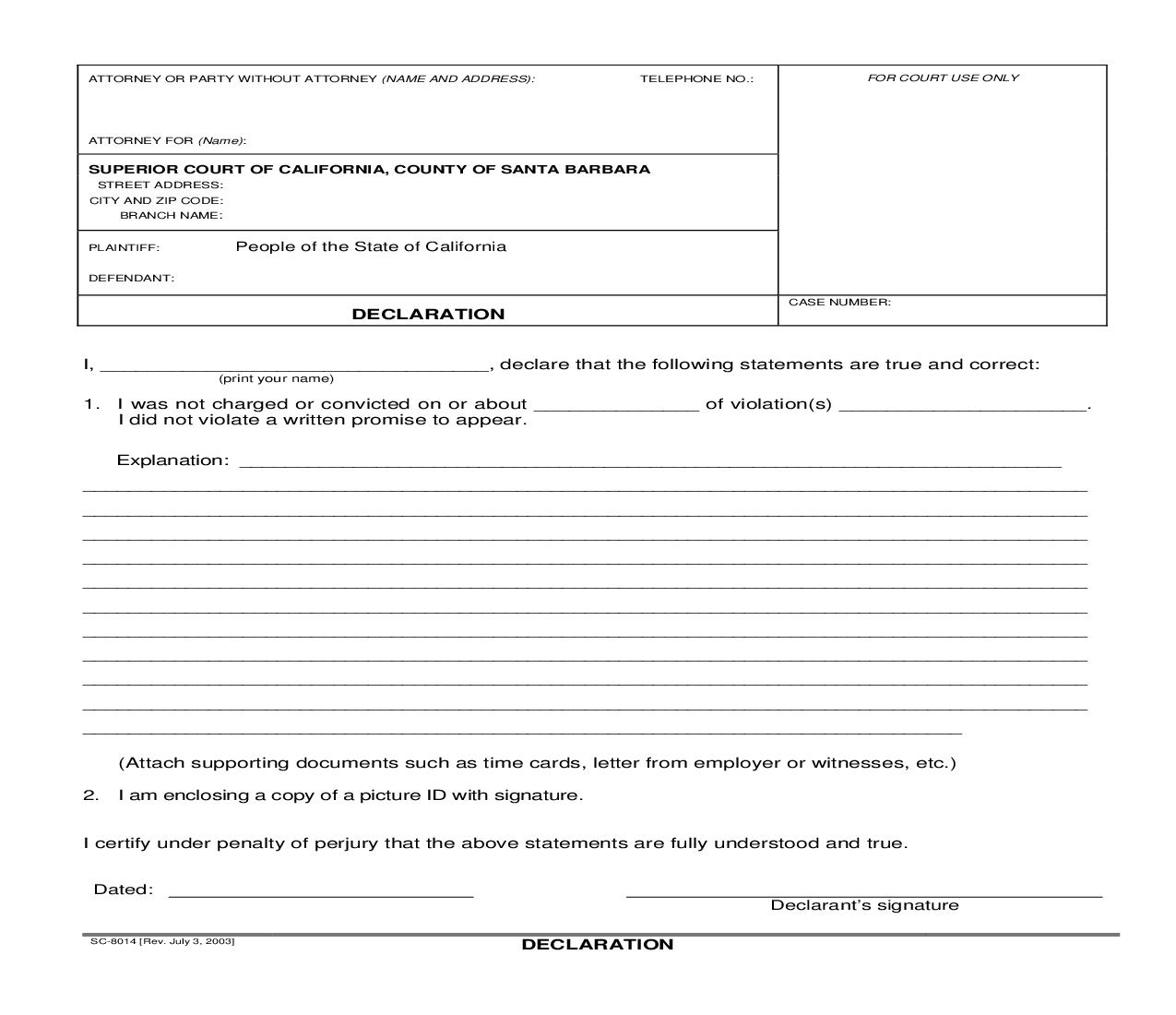 Declaration (Traffic) {SC-8014} | Pdf Fpdf Doc Docx | California