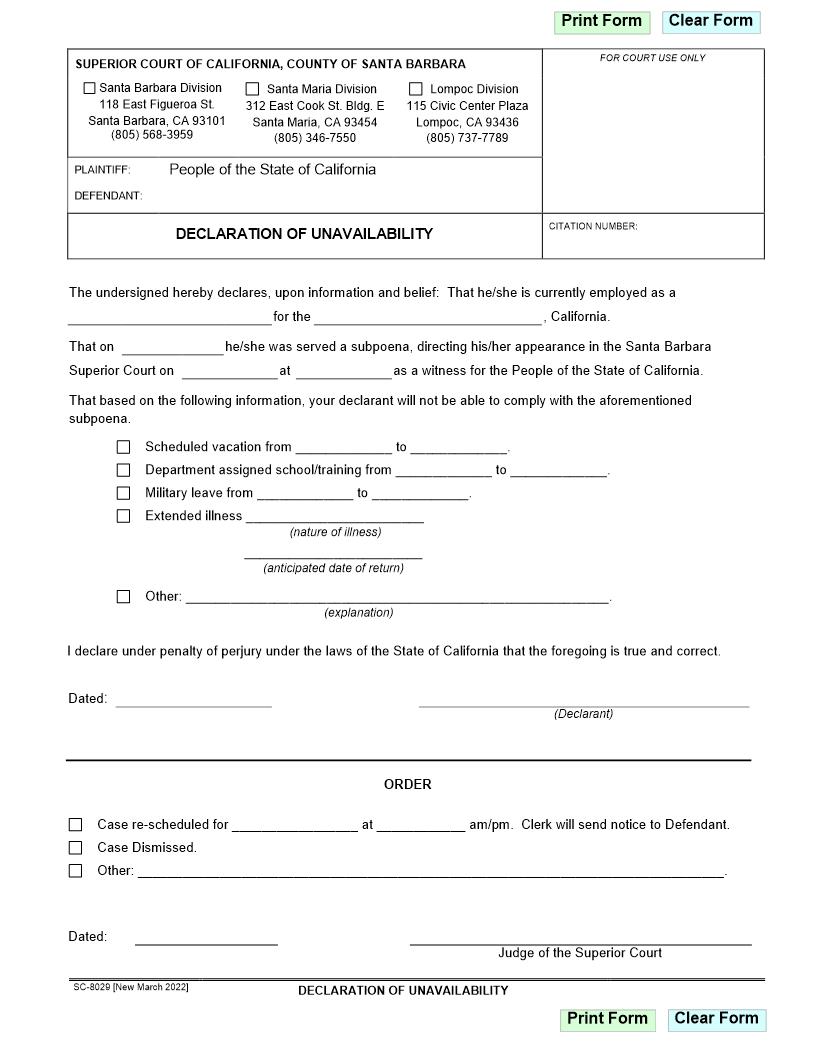Declaration Of Unavailability {SC-8029} | Pdf Fpdf Docx | California