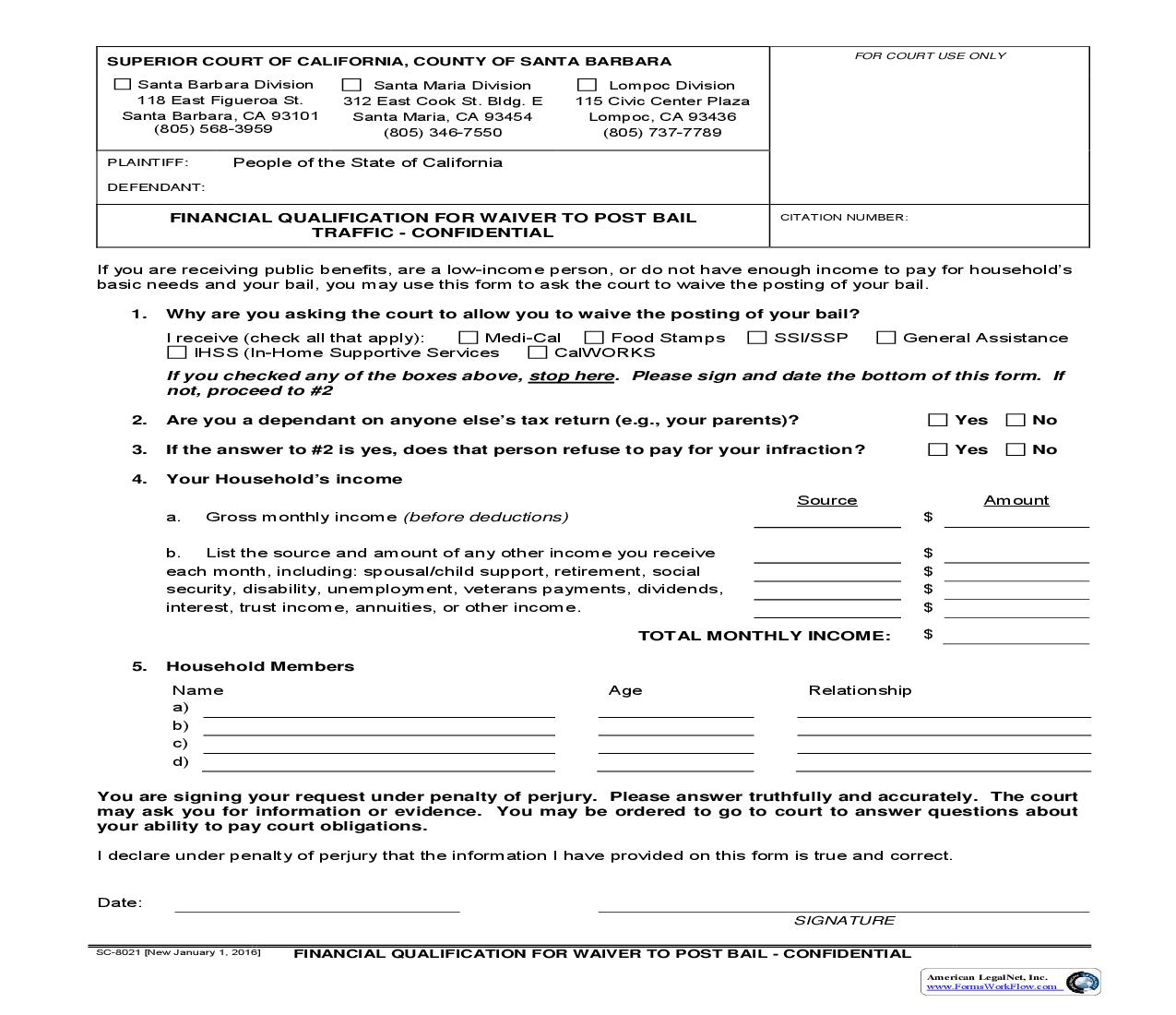 Financial Qualification For Waiver To Post Bail-Confidential {SC-8021} | Pdf Fpdf Doc Docx | California