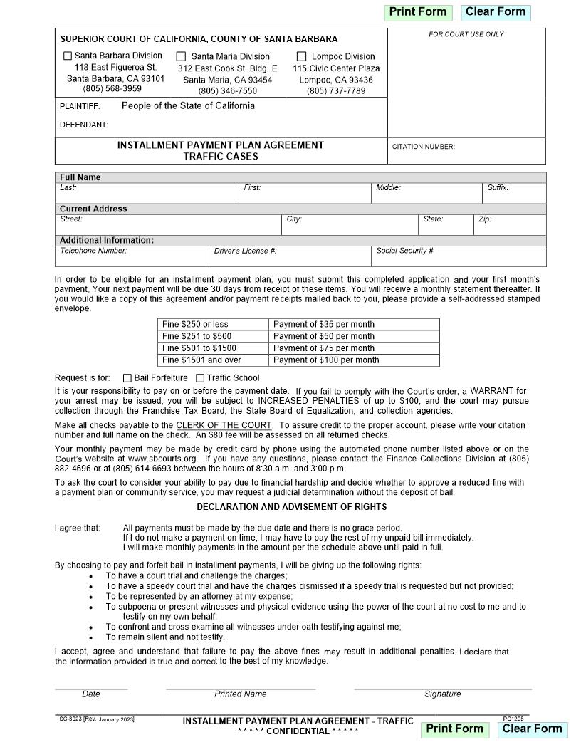 Installment Payment Plan Agreement-Traffic {SC-8023} | Pdf Fpdf Docx | California
