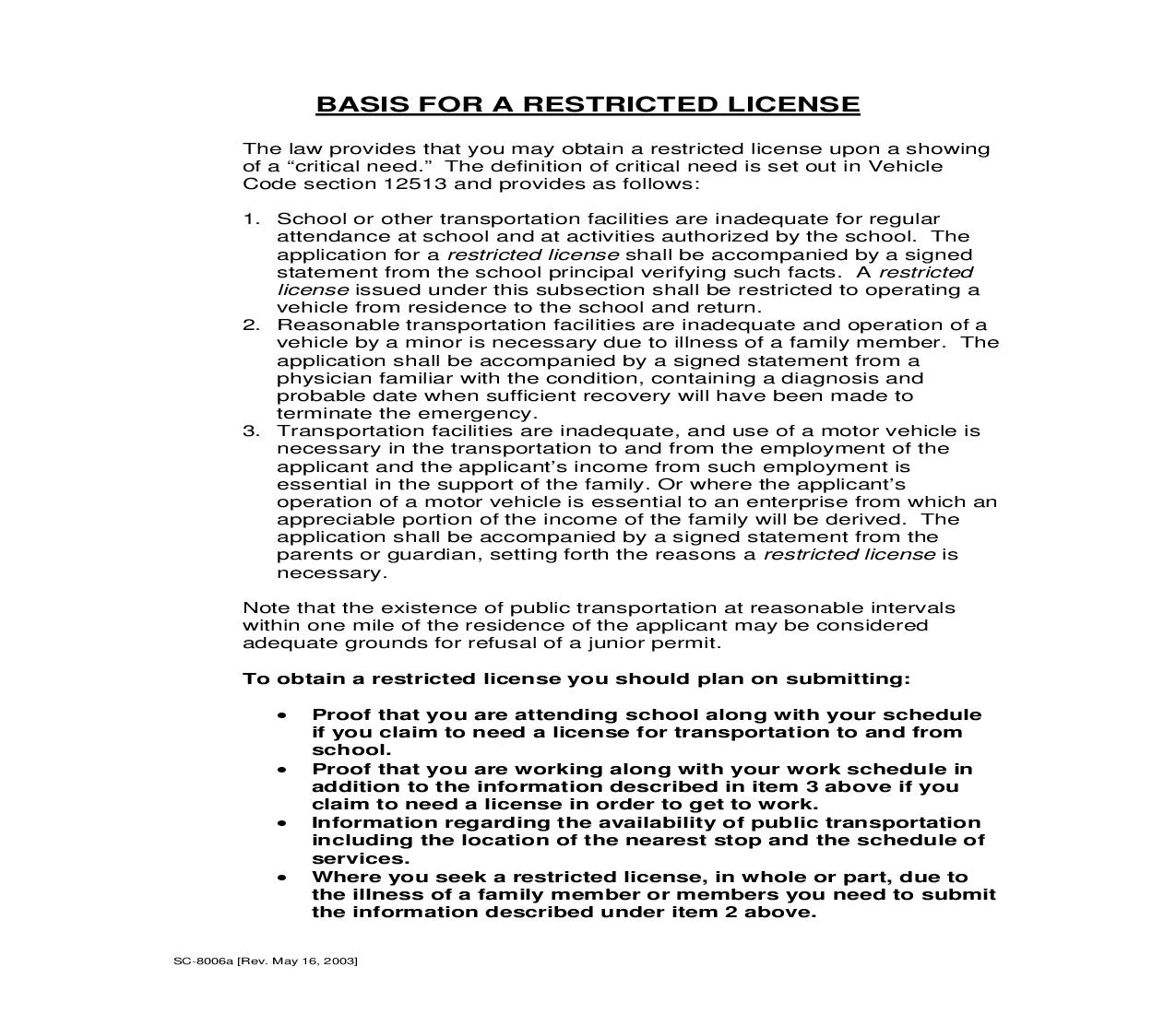 Petition For Restricted License {SC-8006} | Pdf Fpdf Doc Docx | California