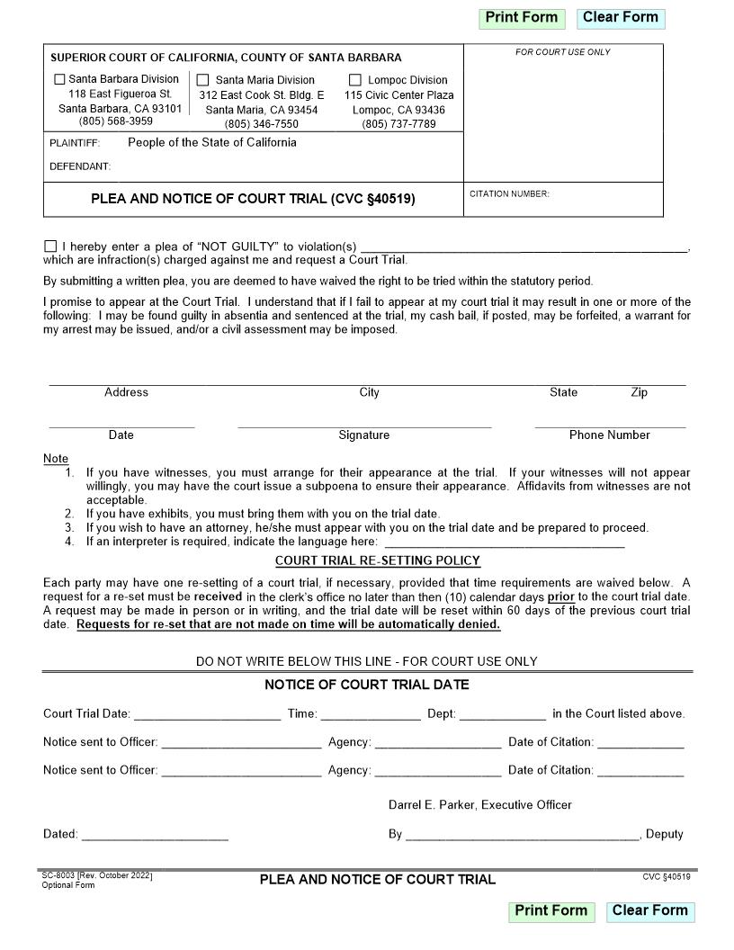 Plea And Notice Of Court Trial {SC-8003} | Pdf Fpdf Doc Docx | California