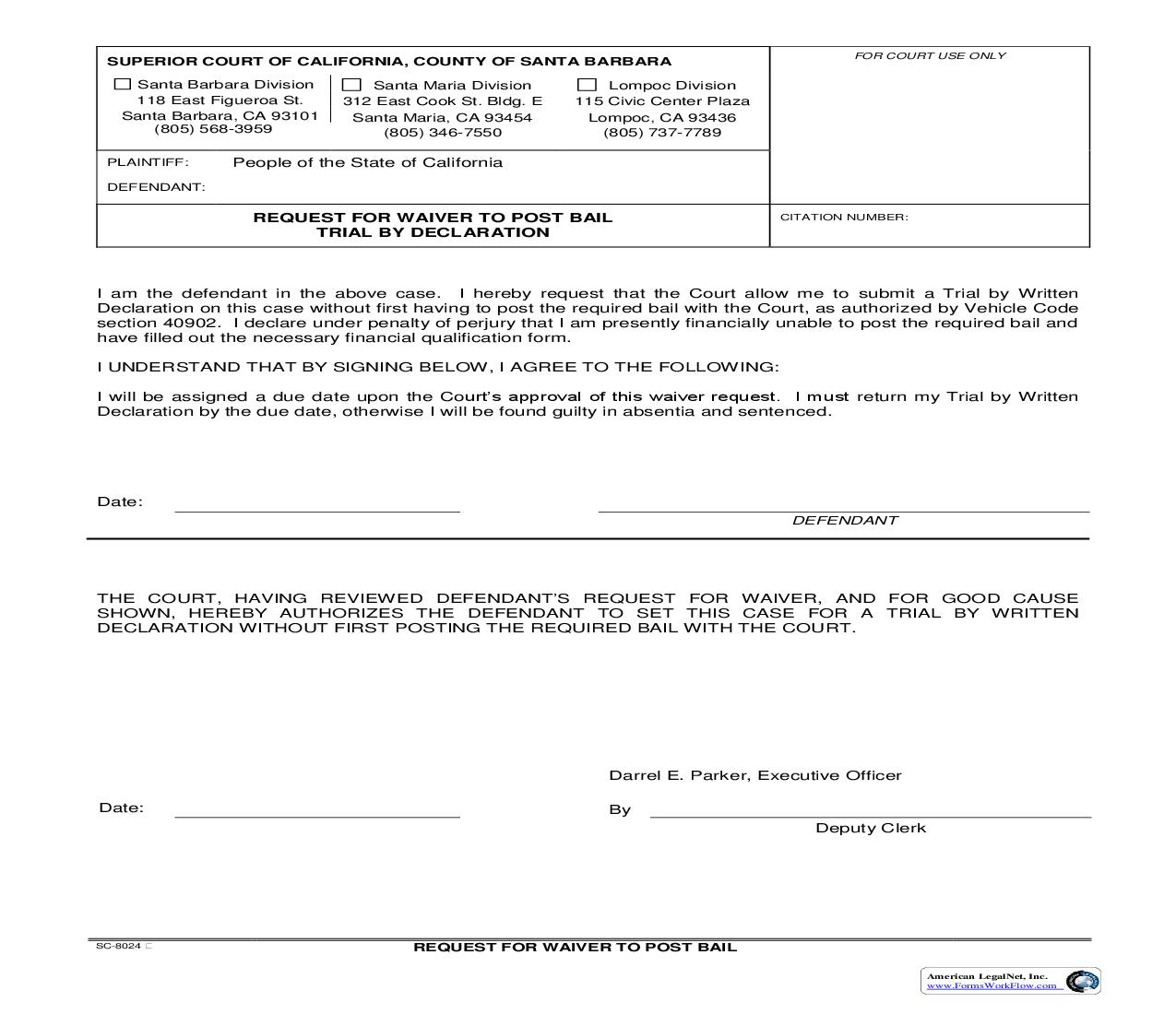 Request For Waiver To Post Bail-TBD {SC-8024} | Pdf Fpdf Doc Docx | California