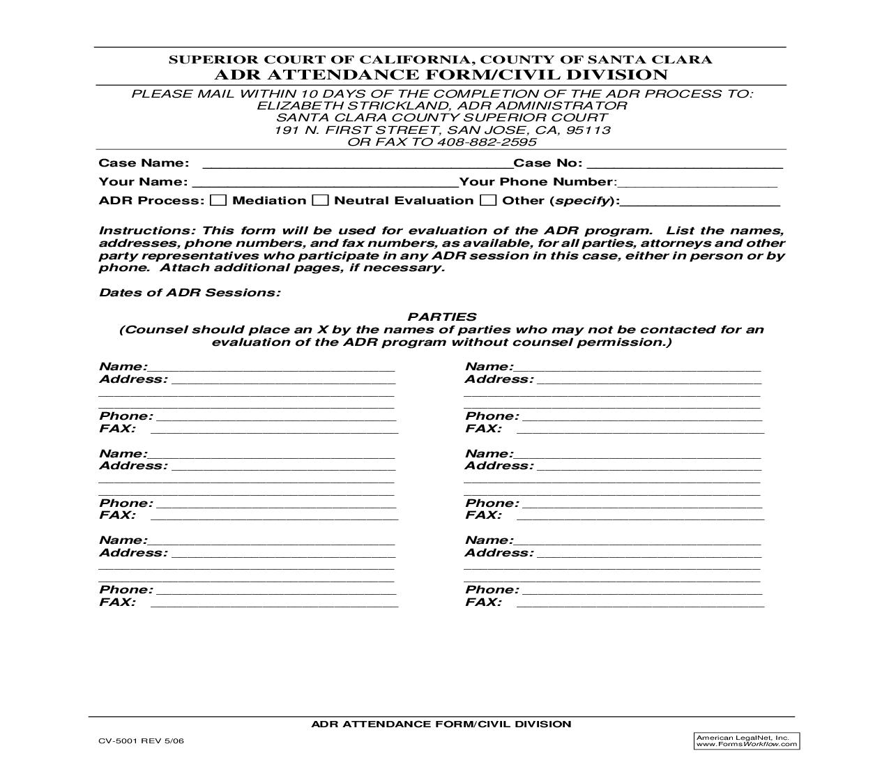 ADR Attendance Form {CV-5001} | Pdf Fpdf Doc Docx | California