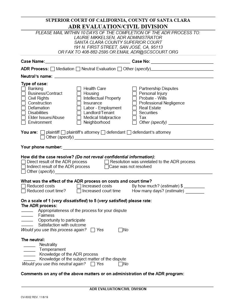 ADR Evaluation {CV-5002} | Pdf Fpdf Doc Docx | California