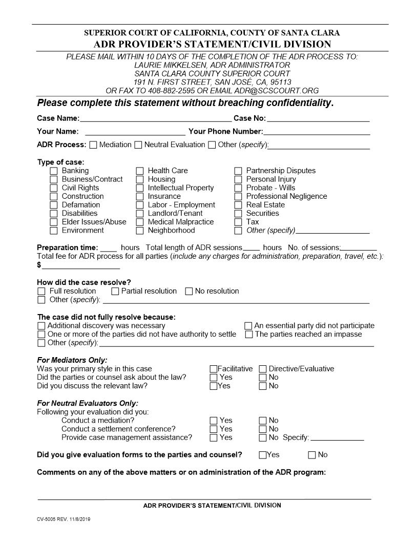 ADR Providers Statement-Civil Division {CV-5005} | Pdf Fpdf Doc Docx | California