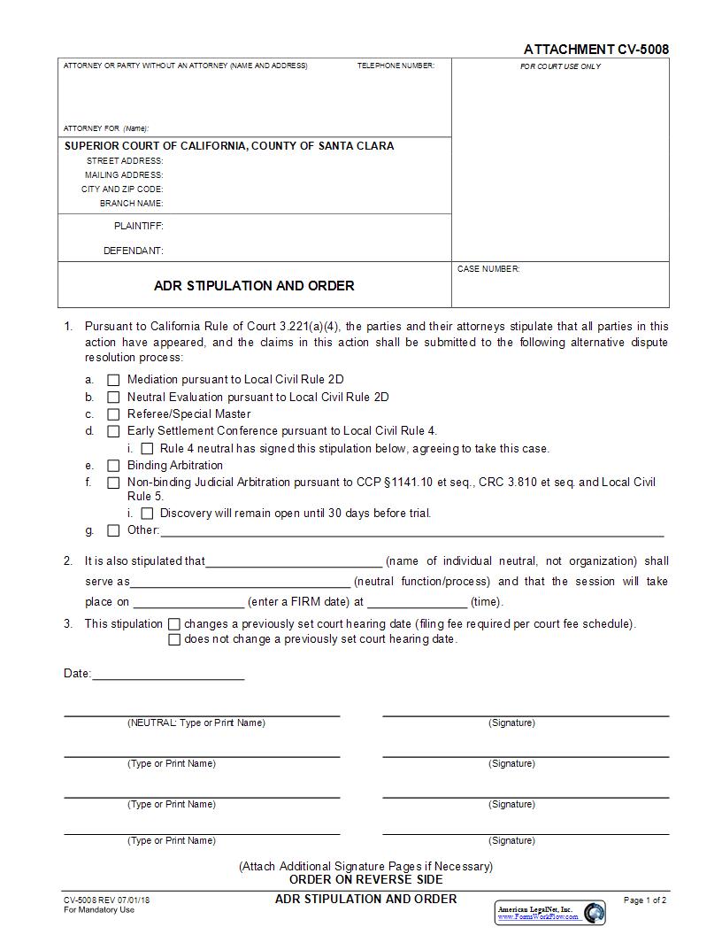 ADR Stipulation And Order Form {CV-5008} | Pdf Fpdf Docx | California