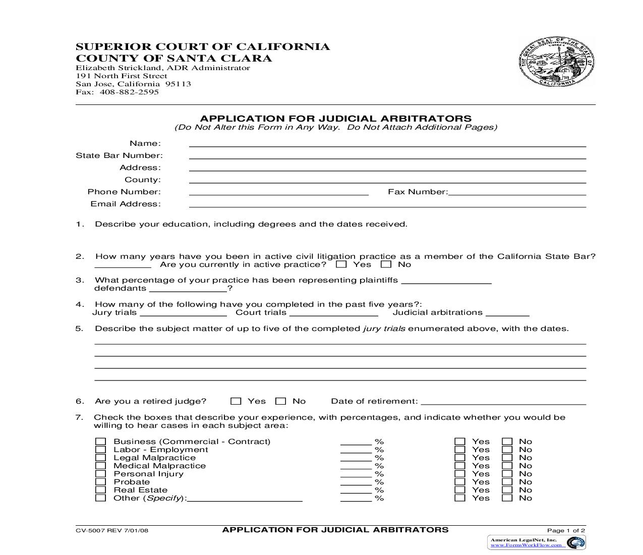 Application For Judicial Arbitrators {CV-5007} | Pdf Fpdf Doc Docx | California