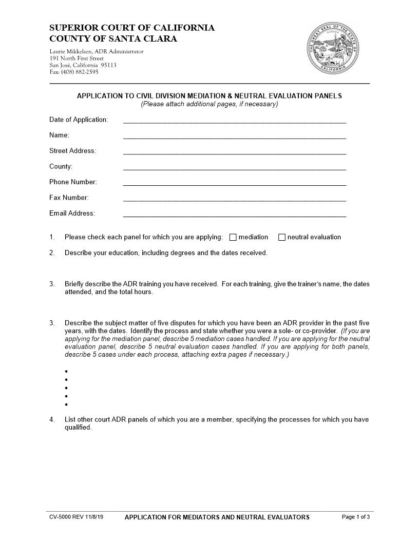 Application For Mediators And Neutral Evaluators {CV-5000} | Pdf Fpdf Doc Docx | California