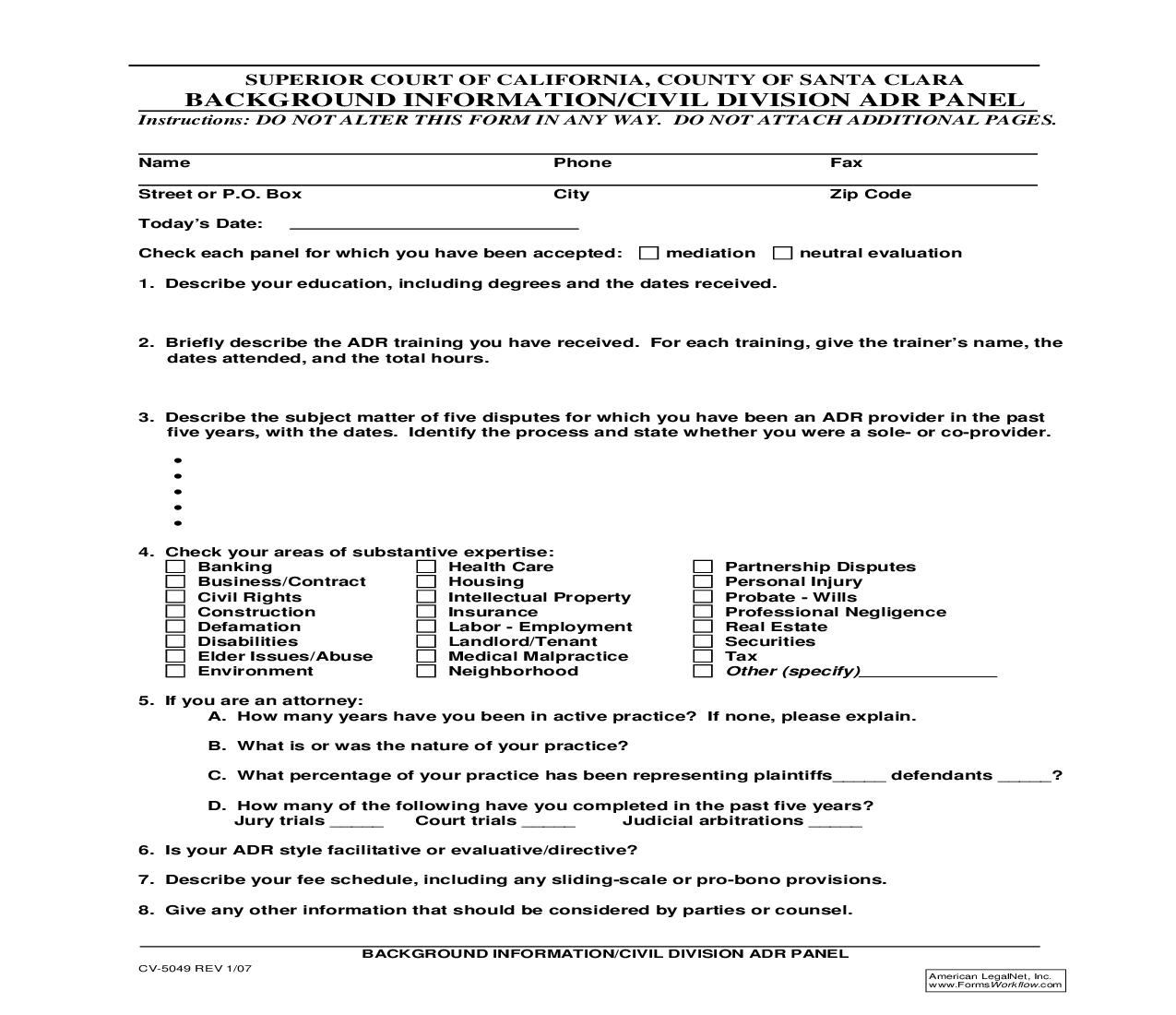 Background Information-Civil Division ADR Panel {CV-5049} | Pdf Fpdf Doc Docx | California