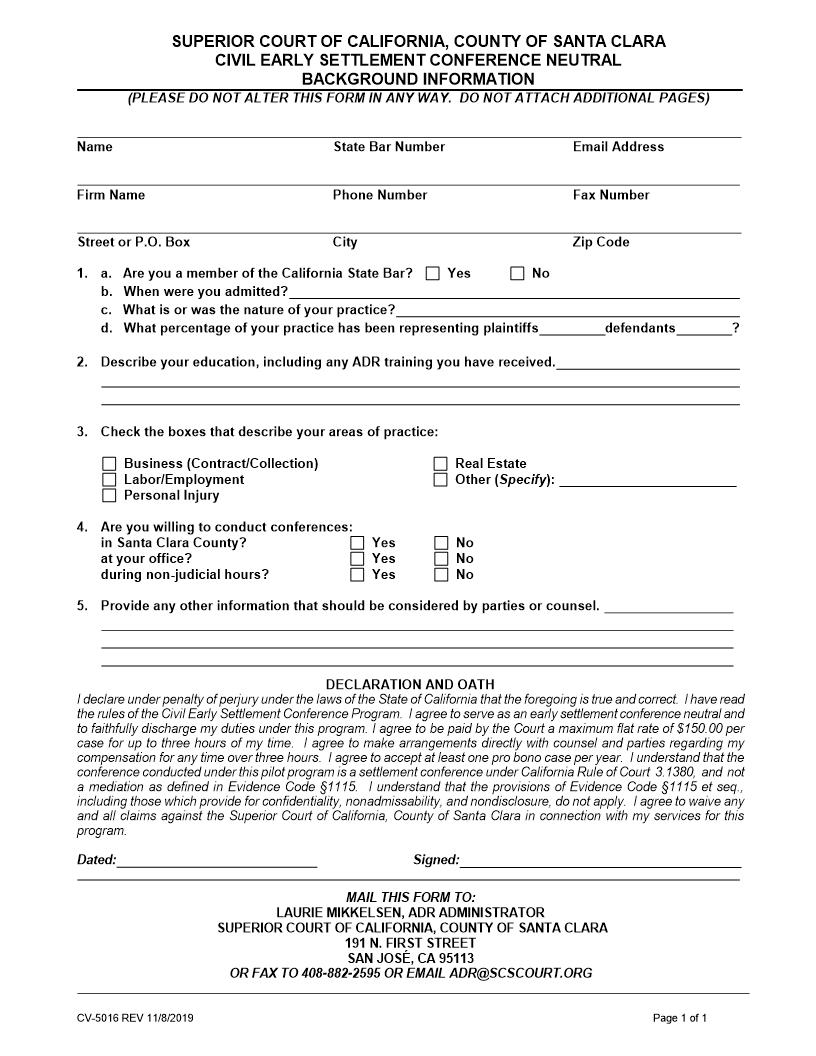 Civil Early Settlement Conference Neutral Background Information {CV-5016} | Pdf Fpdf Doc Docx | California