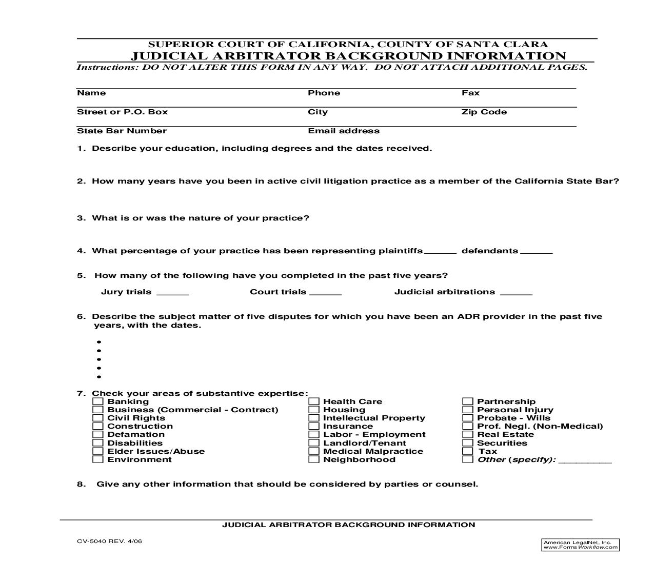 Judicial Arbitrator Background Information {CV-5040} | Pdf Fpdf Doc Docx | California