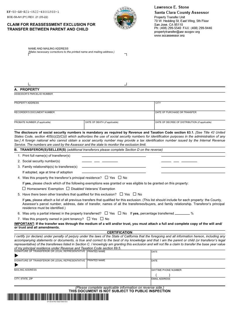 Claim For Reassessment Exclusion For Transfer Between Parent And Child (Before 02-16-21) (Santa Clara) {BOE-58-AH} | Pdf Fpdf Docx | California