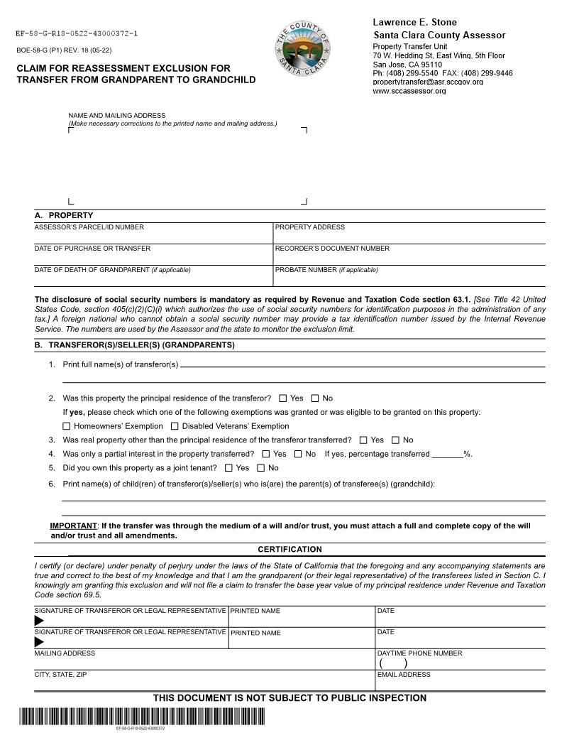 Claim For Reassessment Exclusion-Transfer From Grandparent To Grandchild (Before 02-16-21) (Santa Clara) {BOE-58-G} | Pdf Fpdf Docx | California