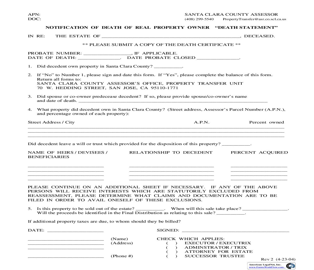 Notification Of Death Of Real Property Owner Death Statement | Pdf Fpdf Doc Docx | California