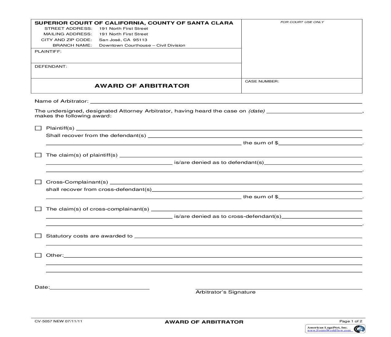 Award Of Arbitrator {CV-5057} | Pdf Fpdf Doc Docx | California