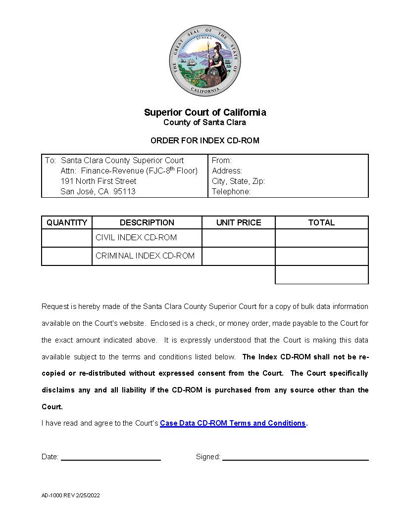 Case Index CD-ROM Order Form {AD-1000} | Pdf Fpdf Doc Docx | California