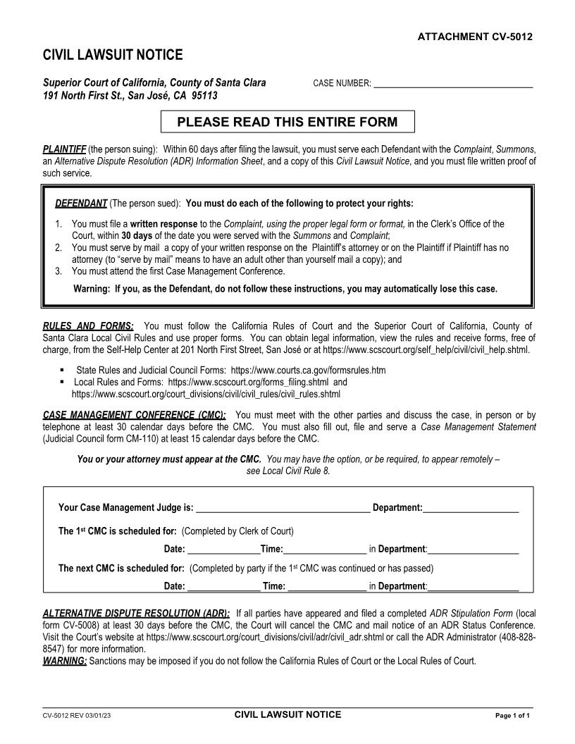 Civil Lawsuit Notice {CV-5012} | Pdf Fpdf Docx | California