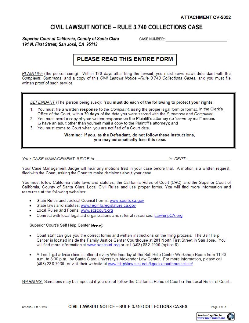 Civil Lawsuit Notice-Rule 3.740 Collections Cases {CV-5052} | Pdf Fpdf Docx | California