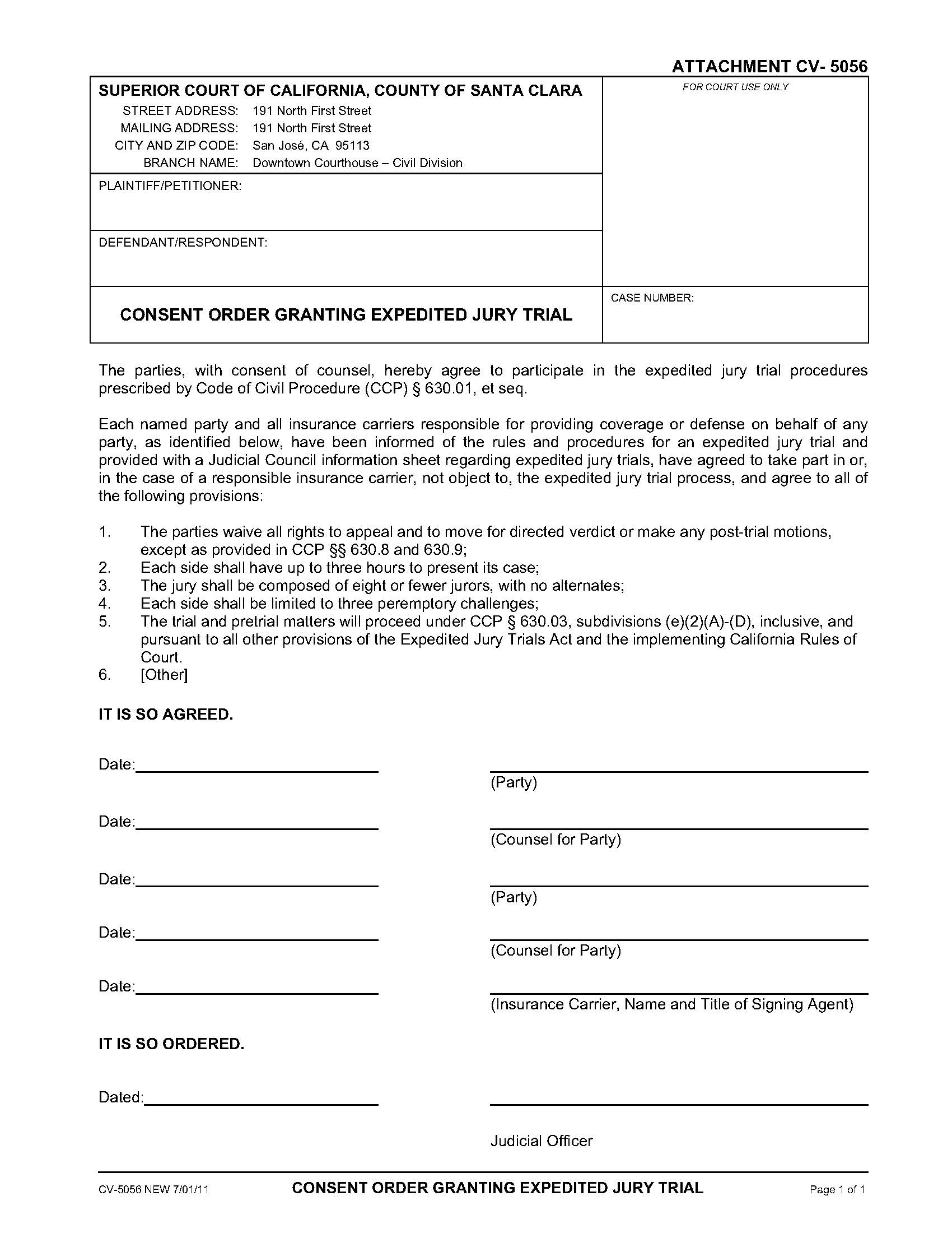 Consent Order Granting Expedited Jury Trial {CV-5056} | Pdf Fpdf Doc Docx | California
