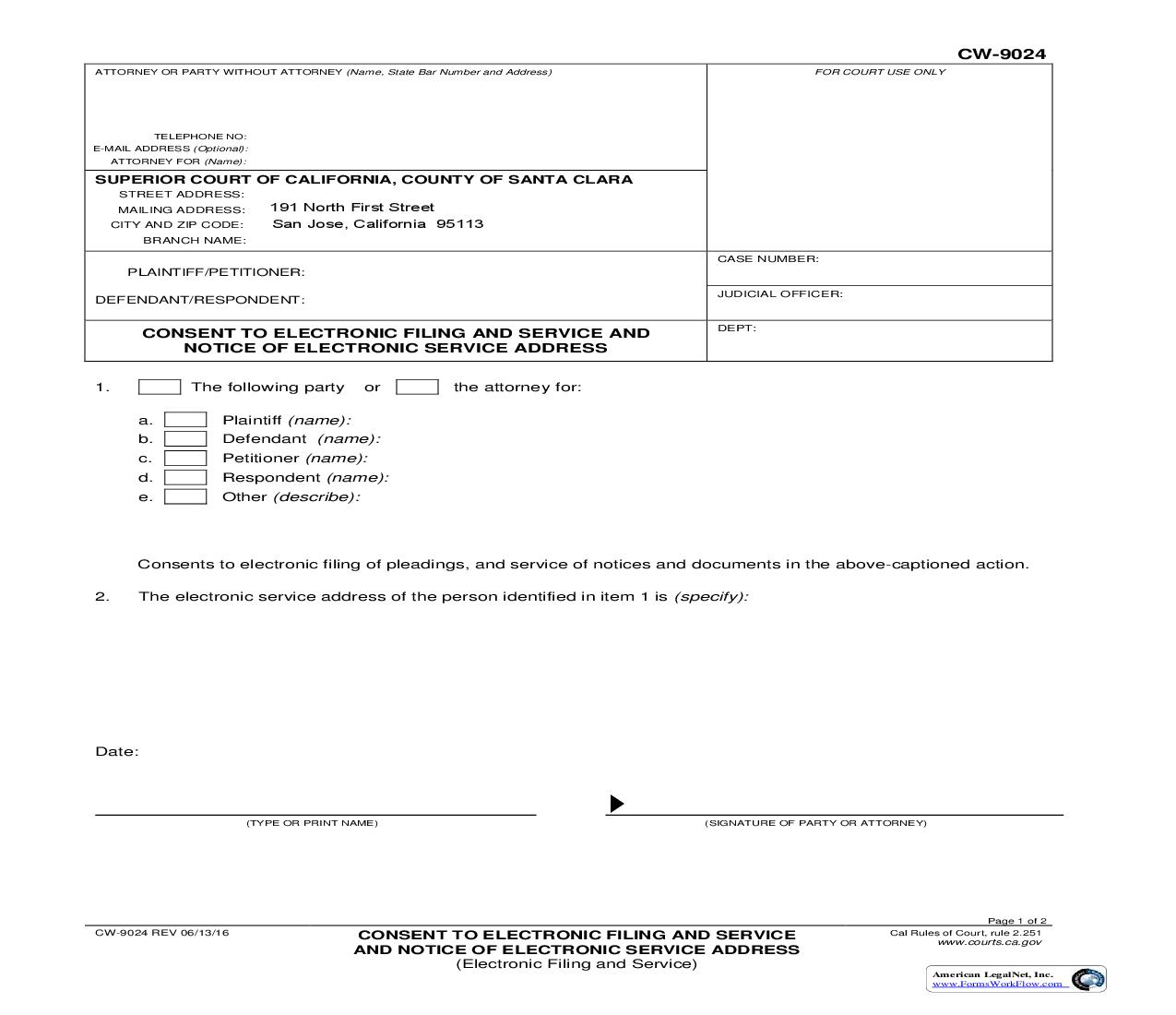 Consent To Electronic Filing And Service And Notice Of Electronic Service Address {CW-9024} | Pdf Fpdf Doc Docx | California