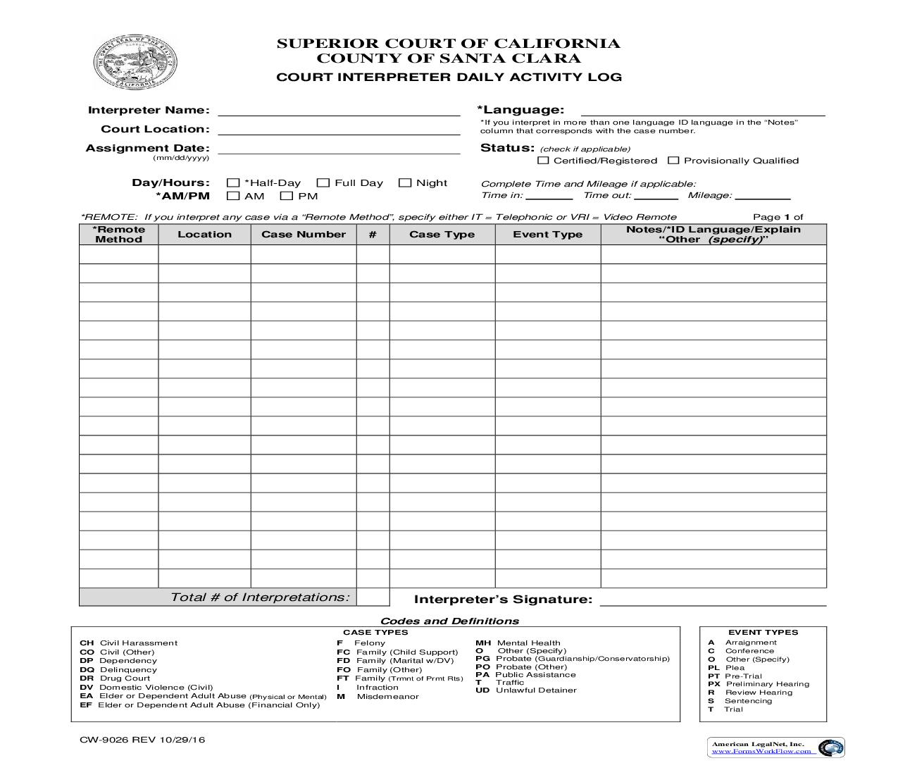 Court Interpreter Daily Activity Log {CW-9026} | Pdf Fpdf Doc Docx | California