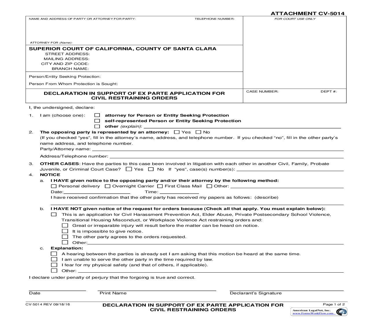 Declaration In Support Of Ex Parte Application For Civil Restraining Orders {CV-5014} | Pdf Fpdf Doc Docx | California
