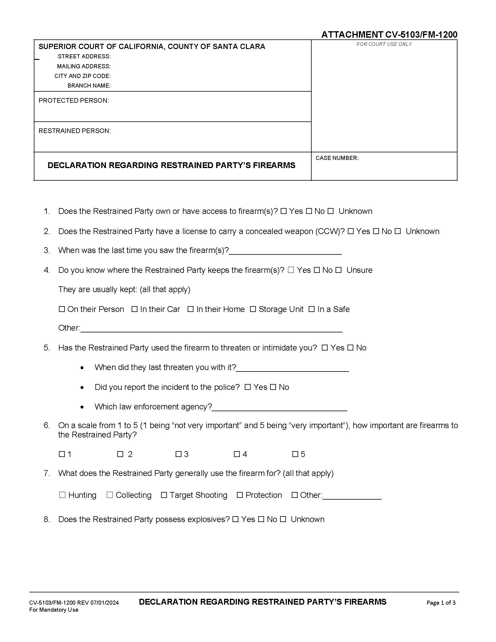 Declaration Regarding Restrained Partys Firearms {CV-5103 FM-1200} | Pdf Fpdf Docx | California
