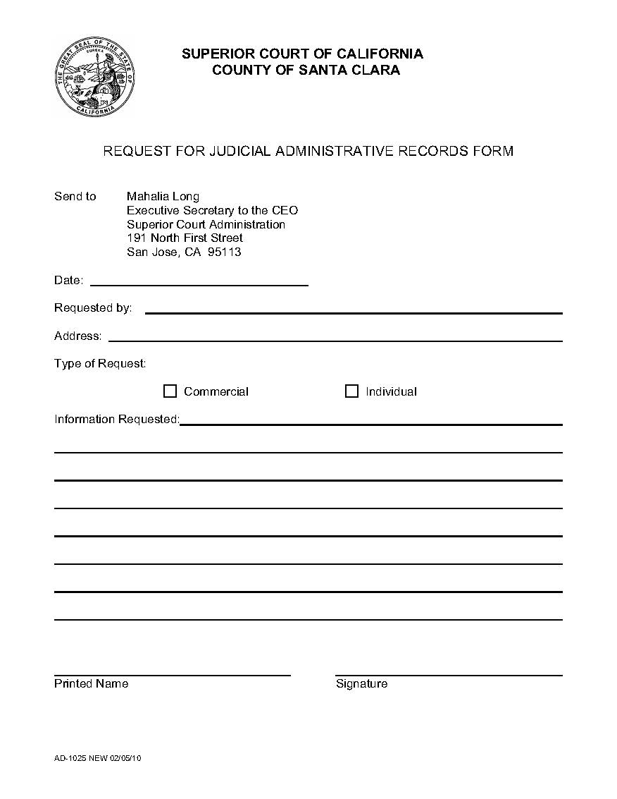 Judicial Administrative Records Request Form {AD-1025} | Pdf Fpdf Doc Docx | California