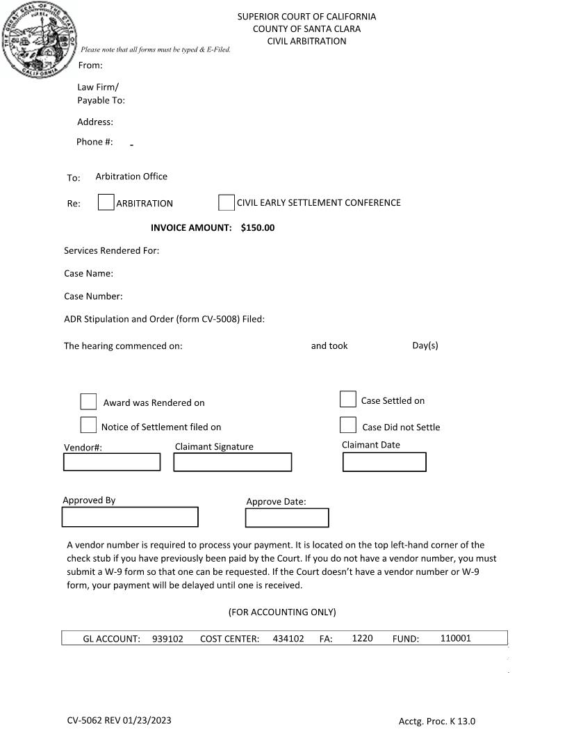 Judicial Arbitrators And CESC Neutrals Claim Form Template {CV-5062} | Pdf Fpdf Doc Docx | California
