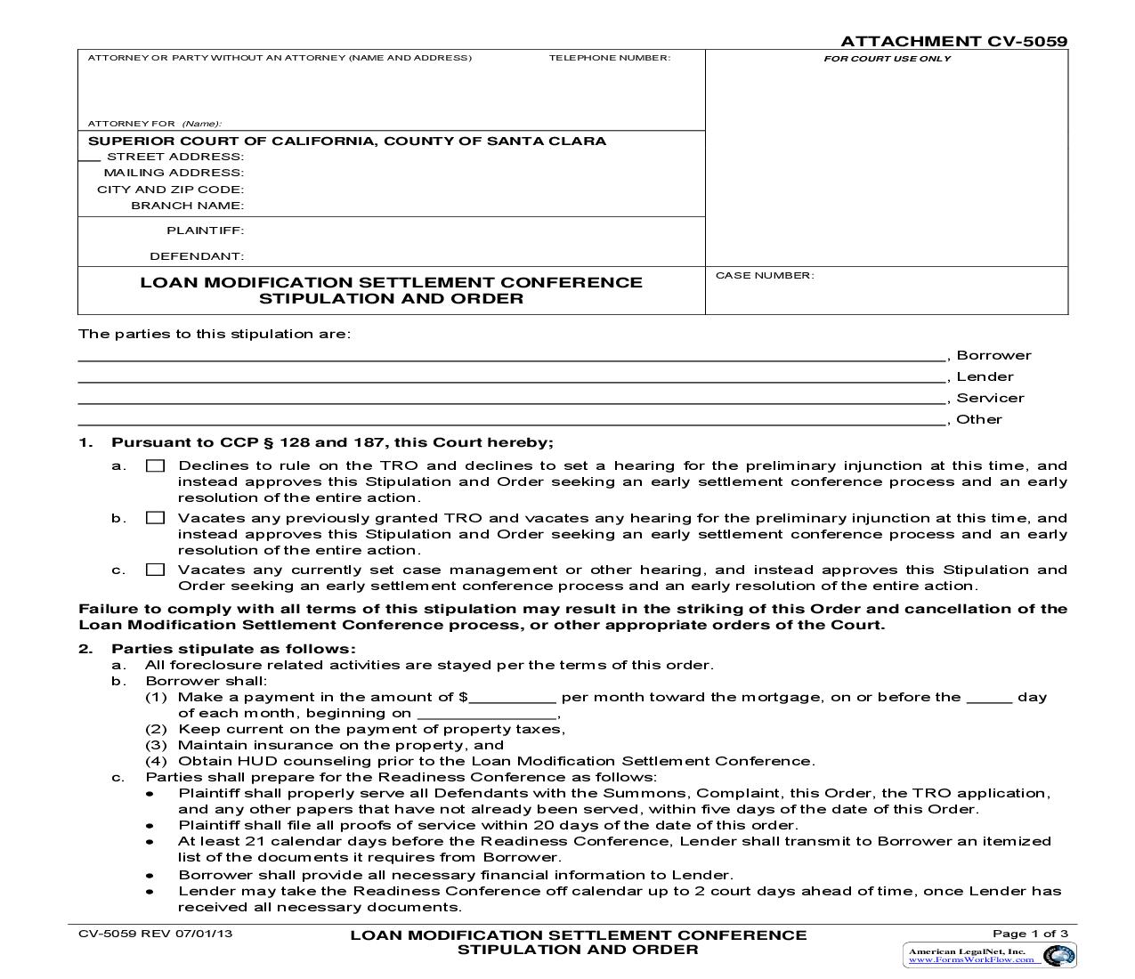 Loan Modification Settlement Conference Stipulation And Order {CV-5059} | Pdf Fpdf Doc Docx | California