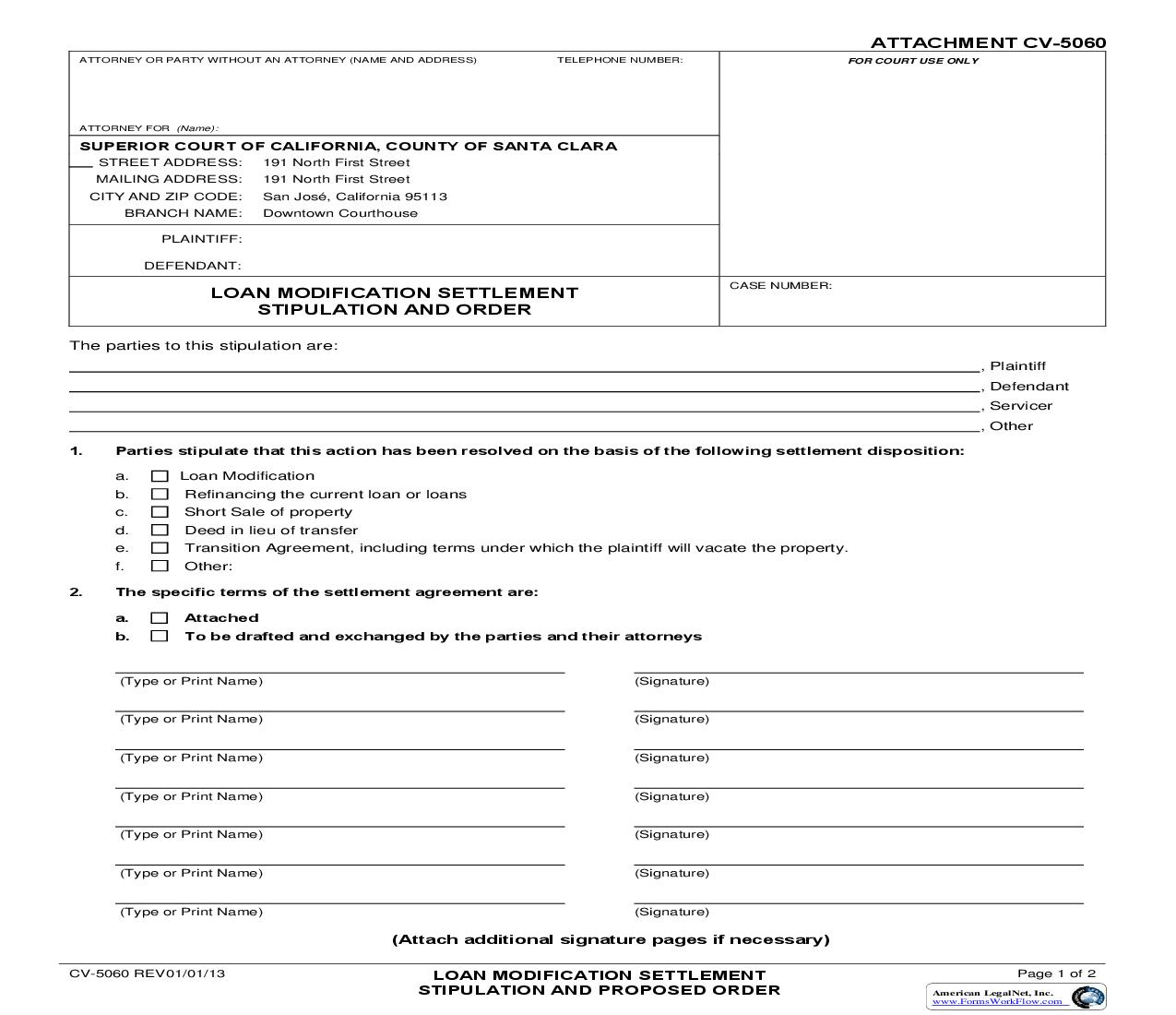 Loan Modification Settlement Stipulation And Order {CV-5060} | Pdf Fpdf Doc Docx | California