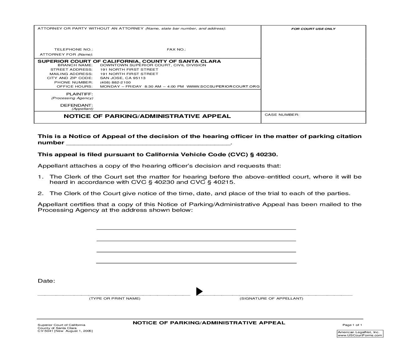 Notice Of Parking-Administrative Appeal {CV-5041} | Pdf Fpdf Doc Docx | California