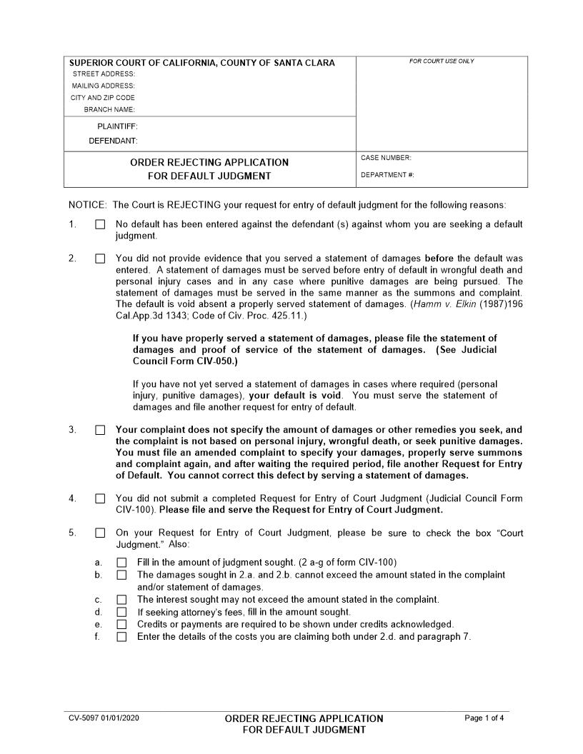 Order Rejecting Application For Default Judgment {CV-5097} | Pdf Fpdf Docx | California