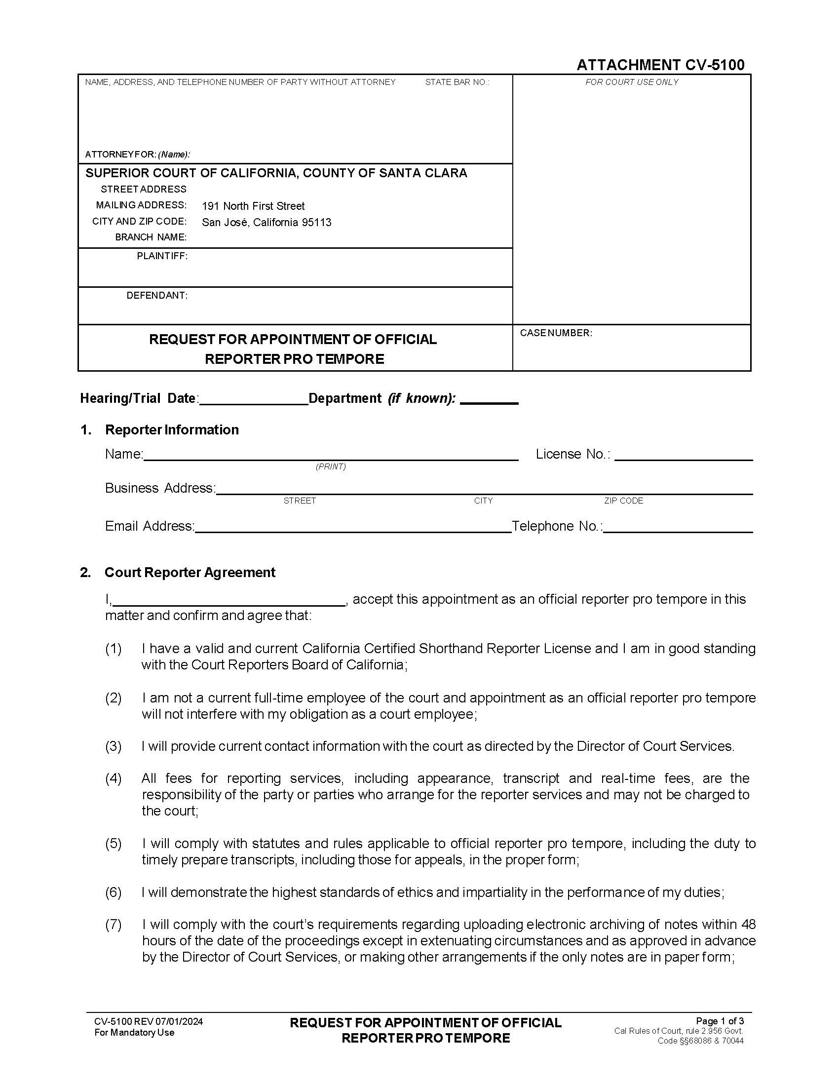 Request For Appointment Of Official Reporter Pro Tempore {CV-5100} | Pdf Fpdf Docx | California