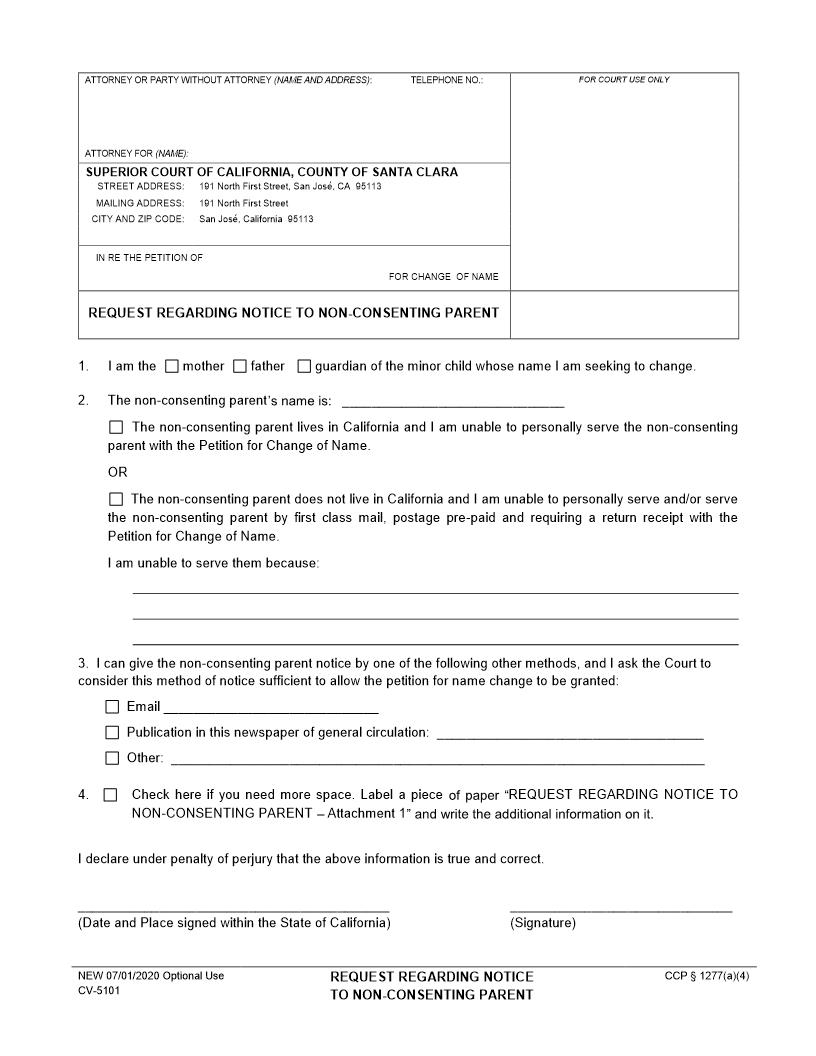 Request Regarding Notice To Non-Consenting Parent {CV-5101} | Pdf Fpdf Docx | California
