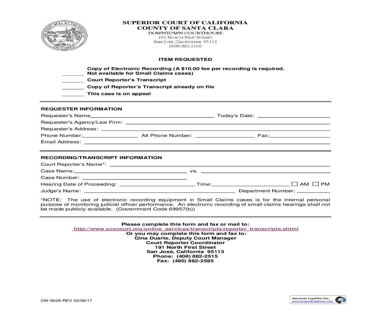Transcript And Electronic Recording Request Form {CW-9028} | Pdf Fpdf Doc Docx | California